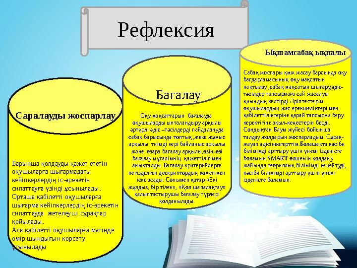 Рефлексия Саралауды жоспарлау Барынша қолдауды қажет ететін оқушыларға шығармадағы кейіпкерлердің іс-әрекетін сипаттауға үзін