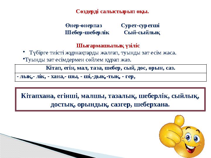 Сөздерді салыстырып оқы. Өнер-өнерпаз Сурет-суретші Шебер-шеберлік Сый-сыйлық Кітап, егін, мал, таза,