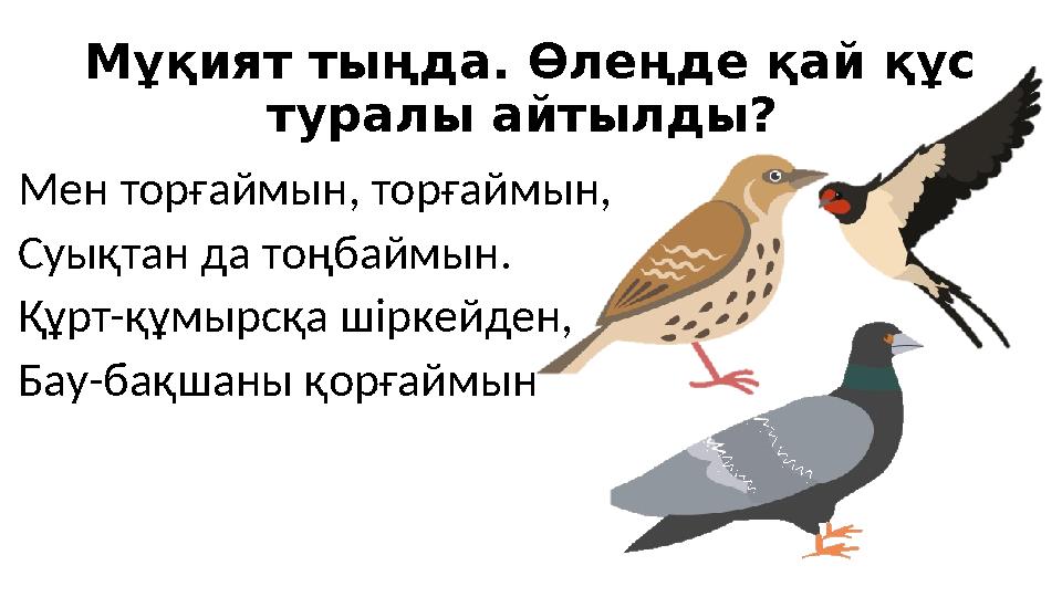 Мұқият тыңда. Өлеңде қай құс туралы айтылды? Мен торғаймын, торғаймын, Суықтан да тоңбаймын. Құрт-құмырсқа шіркейден, Бау-бақш