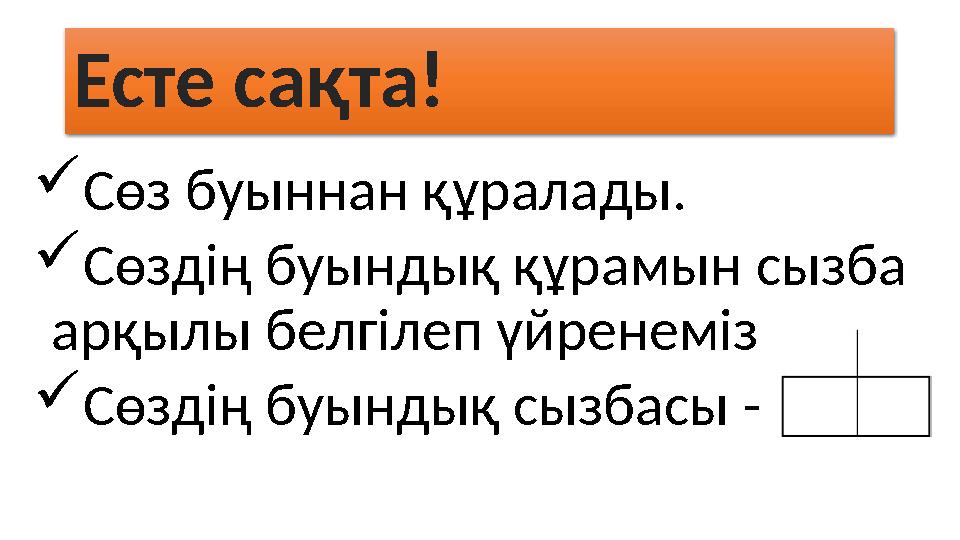 Есте сақта!  Сөз буыннан құралады.  Сөздің буындық құрамын сызба арқылы белгілеп үйренеміз  Сөздің буындық сызбасы -