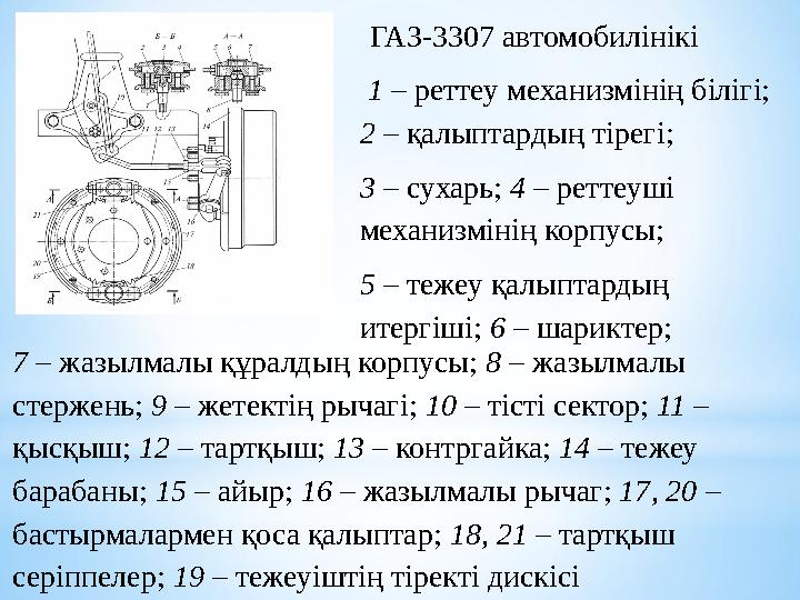 1 – реттеу механизмінің білігі; 2 – қалыптардың тірегі; 3 – сухарь; 4 – реттеуші механизмінің корпусы; 5 – тежеу қал
