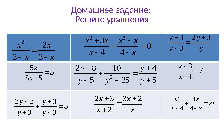 Домашнее задание: Решите уравнения3 1 3    х х 3 5 3 5   х х 5 3 3 3 2 2       y y y y х х х х