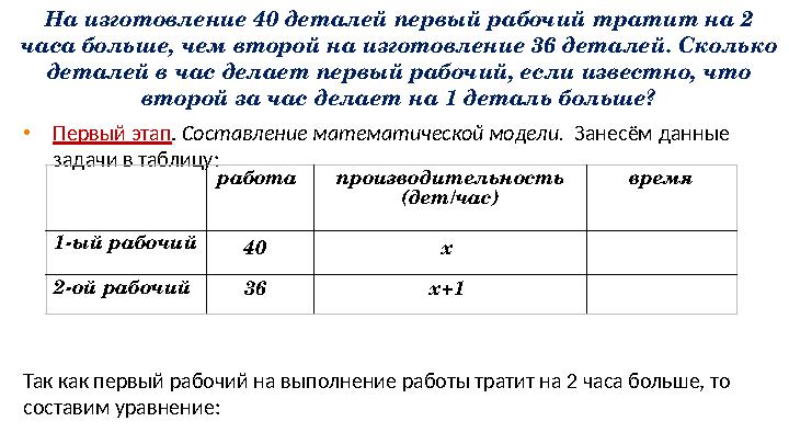 На изготовление 40 деталей первый рабочий тратит на 2 часа больше, чем второй на изготовление 36 деталей. Сколько деталей в ча