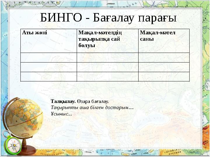 БИНГО - Бағалау парағы Аты жөні Мақал-мәтелдің тақырыпқа сай болуы Мақал-мәтел саны Талқылау. Өзара бағала