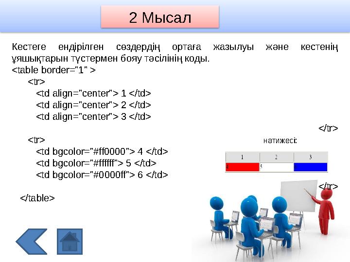 2 Мысал Кестеге ендірілген сөздердің ортаға жазылуы және кестенің ұяшықтарын түстермен бояу тәсілінің коды. <table borde
