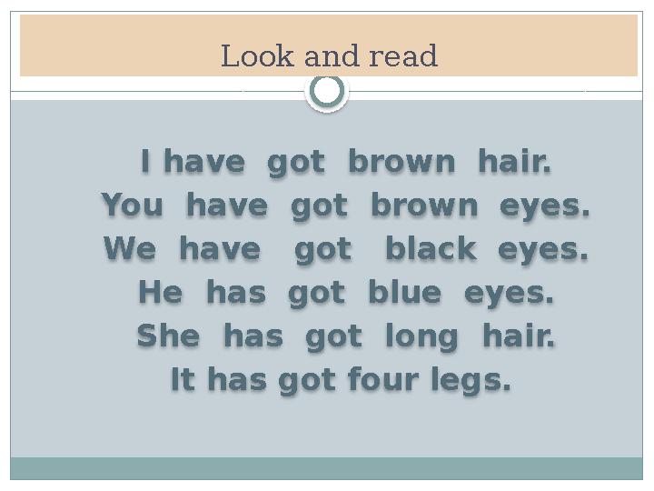 Look and read I have got brown hair. You have got brown eyes. We have got black eyes. He has got blue eyes. She