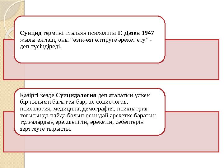 Суицид термині итальян психологы Г. Дэзен 1947 жылы енгізіп, оны “өзін-өзі өлтіруге әрекет ету” - деп түсіндіреді. Қазіргі к