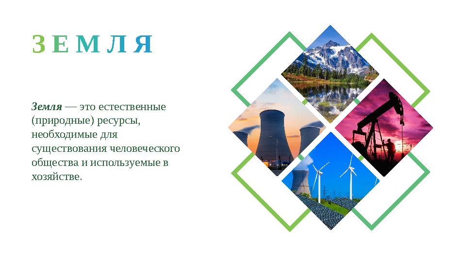 З Е М Л Я Земля — это естественные (природные) ресурсы, необходимые для существования человеческого общества и испол