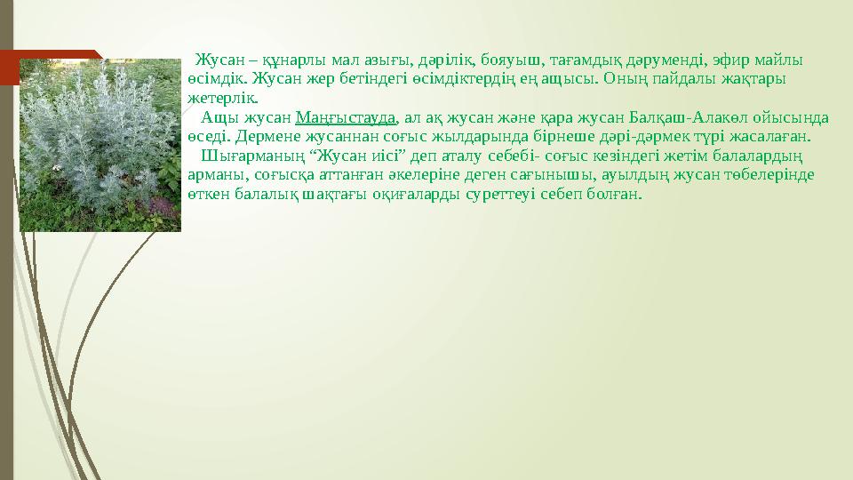 Жусан – құнарлы мал азығы, дәрілік, бояуыш, тағамдық дәруменді, эфир майлы өсімдік. Жусан жер бетіндегі өсімдіктердің ең ащ