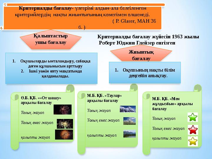 Критериалды бағалау- үлгерімі алдын-ала белгіленген критерийлердің нақты жиынтығының көмегімен өлшенеді.