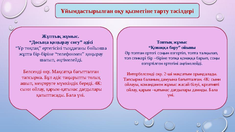 Ұйымдастырылған оқу қызметіне тарту тәсілдері Жұптық жұмыс. “ Досыңа қоңырау соғу” әдісі “ Ұр тоқпақ” ертегісіні тыңдағаны бойы