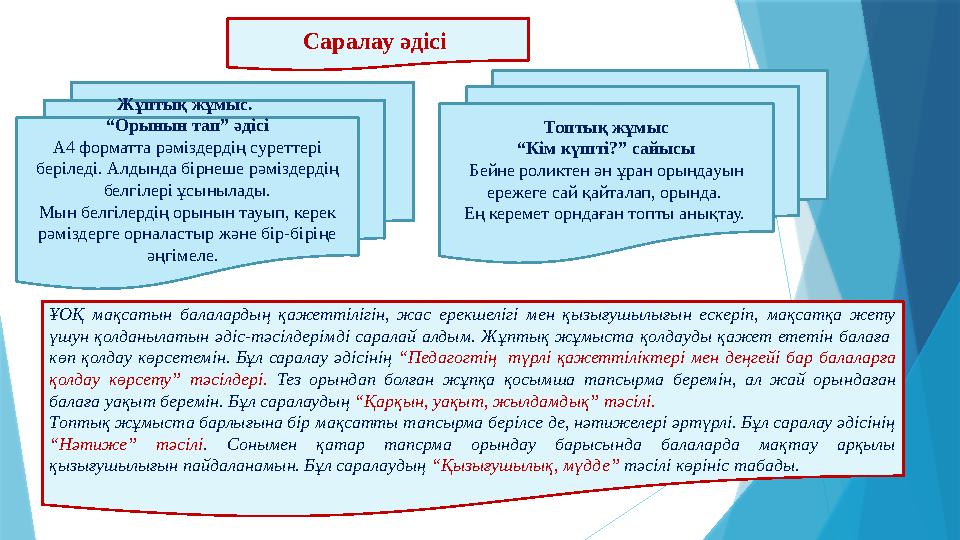 Саралау әдісі Жұптық жұмыс. “ Орынын тап” әдісі А4 форматта рәміздердің суреттері беріледі. Алдында бірнеше рәміздердің белг