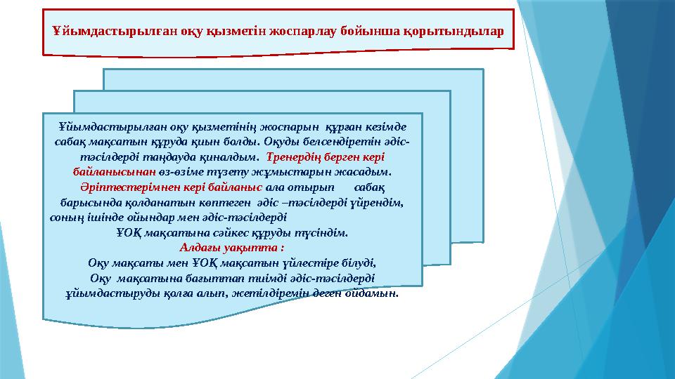 Ұйымдастырылған оқу қызметін жоспарлау бойынша қорытындылар Ұйымдастырылған оқу қызметінің жоспарын құрған кезімде сабақ мақса