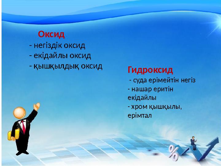 Оксид - негіздік оксид - екідайлы оксид - қышқылдық оксид Гидроксид - суда ерімейтін негіз - нашар еритін екідайлы -