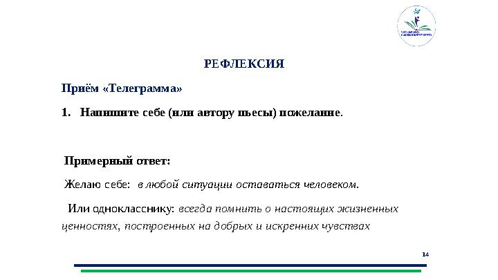 14Композиция РЕФЛЕКСИЯ Приём «Телеграмма» 1. Напишите себе (или автору пьесы) пожелание . Примерный ответ: Желаю себе: в