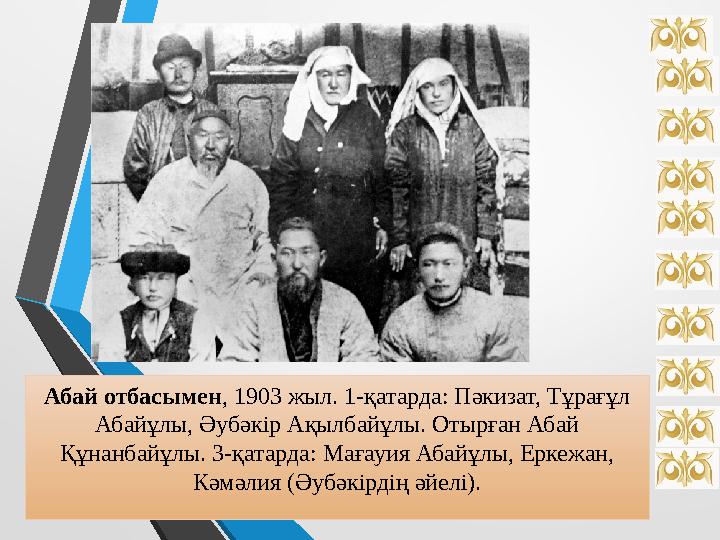 Абай отбасымен , 1903 жыл. 1-қатарда: Пәкизат, Тұрағұл Абайұлы, Әубәкір Ақылбайұлы. Отырған Абай Құнанбайұлы. 3-қатарда: Мағау