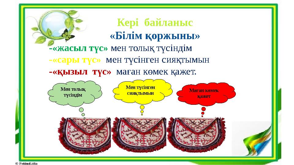 Кері байланыс «Білім қоржыны» -«жасыл түс» мен толық түсіндім -«сары түс» мен түсінген сияқтымын -«қызыл түс» маған