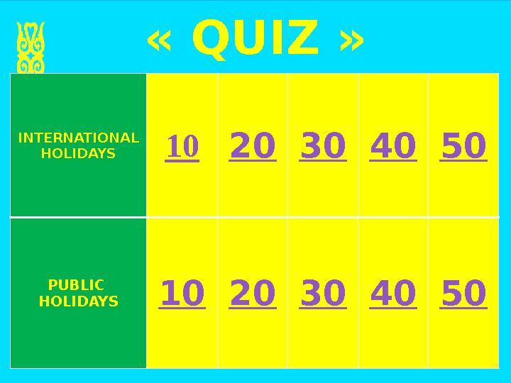 « QUIZ » INTERNATIONAL HOLIDAYS 10 20 30 40 50 PUBLIC HOLIDAYS 10 20 30 40 50
