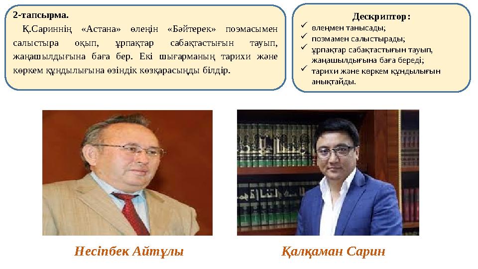 Несіпбек Айтұлы Қалқаман Сарин2-тапсырма. Қ.Сариннің «Астана» өлеңін «Бәйтер