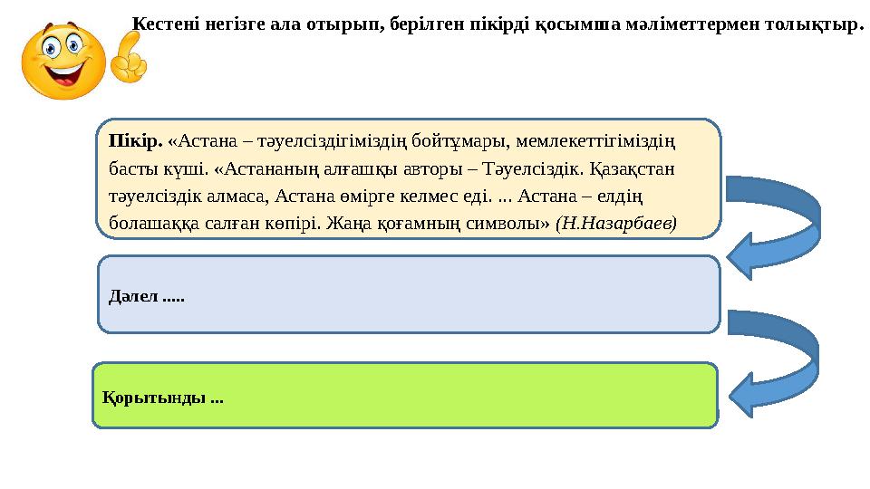Кестені негізге ала отырып, берілген пікірді қосымша мәліметтермен толықтыр. Пікір. «Астана – тәуелсіздігіміздің бойтұмары, ме