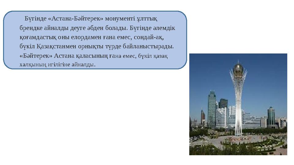 Бүгінде «Астана-Бәйтерек» монументі ұлттық брендке айналды деуге әбден болады. Бүгінде әлемдік қоғамдастық оны елордамен ғана