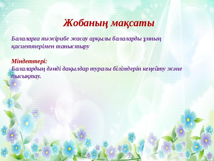 Балаларға тәжірибе жасау арқылы балаларды ұнның қасиеттерімен таныстыру Міндеттері: Балалардың дәнді дақылдар туралы білімдерін