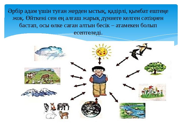 Әрбір адам үшін туған жерден ыстық, қадірлі, қымбат ештеңе жоқ. Өйткені сен ең алғаш жарық дүниеге келген сәтіңнен бастап, осы