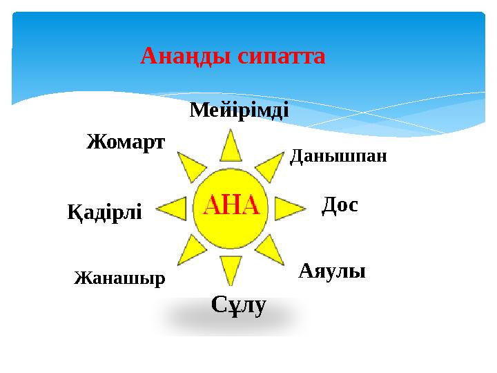 Мейірімді Данышпан Дос Аяулы СұлуЖанашырҚадірлі Жомарт Анаңды сипатта