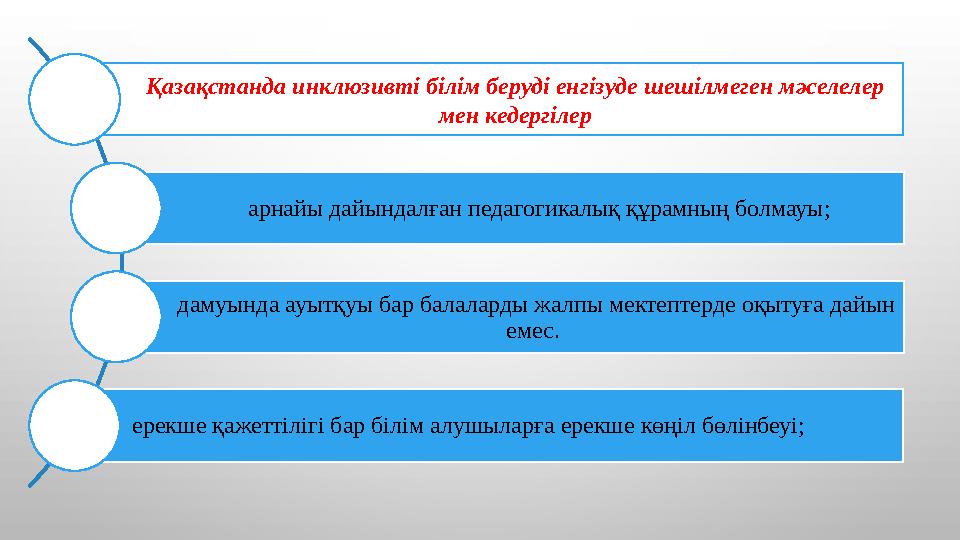 Қазақстанда инклюзивті білім беруді енгізуде шешілмеген мәселелер мен кедергілер арнайы дайындалған педагогикалық құрамның бо