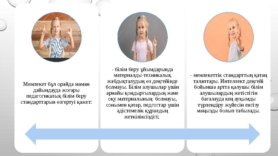Мемлекет бұл орайда маман дайындауда жоғары педагогикалық білім беру стандарттарын өзгертуі қажет: - білім беру ұйымдарында