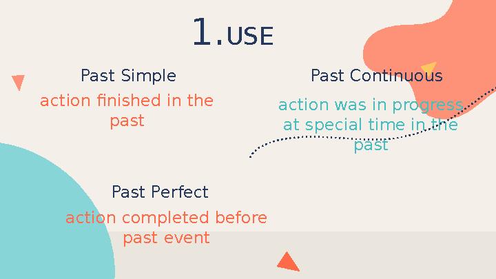 Past Simple action finished in the past action was in progress at special time in the pastPast Continuous action completed be