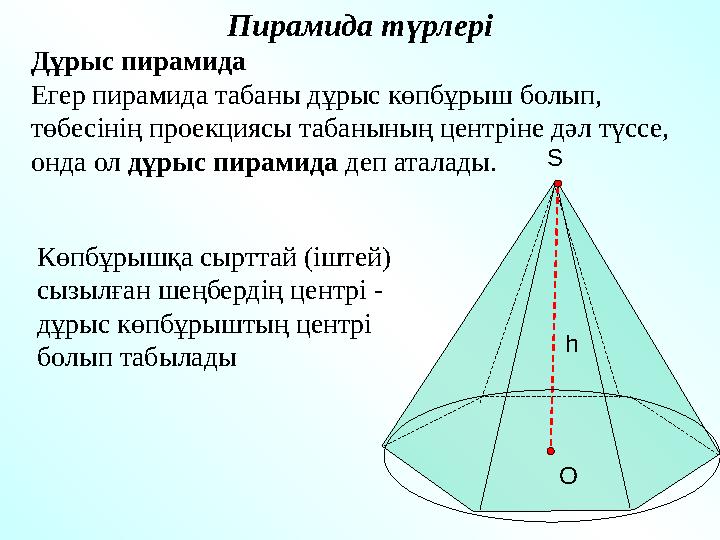 hКөпбұрышқа сырттай (іштей) сызылған шеңбердің центрі - дұрыс көпбұрыштың центрі болып табылады Пирамида түрлері Дұрыс пирами