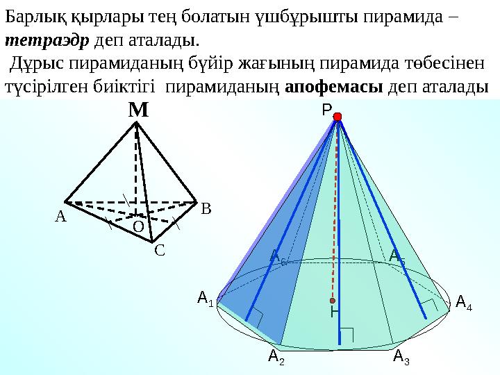 НА 1 А 2 А 3 А 4А 5А 6 Р A B CM OБарлық қырлары тең болатын үшбұрышты пирамида – тетраэдр деп аталады. Дұрыс пирамиданың бүй