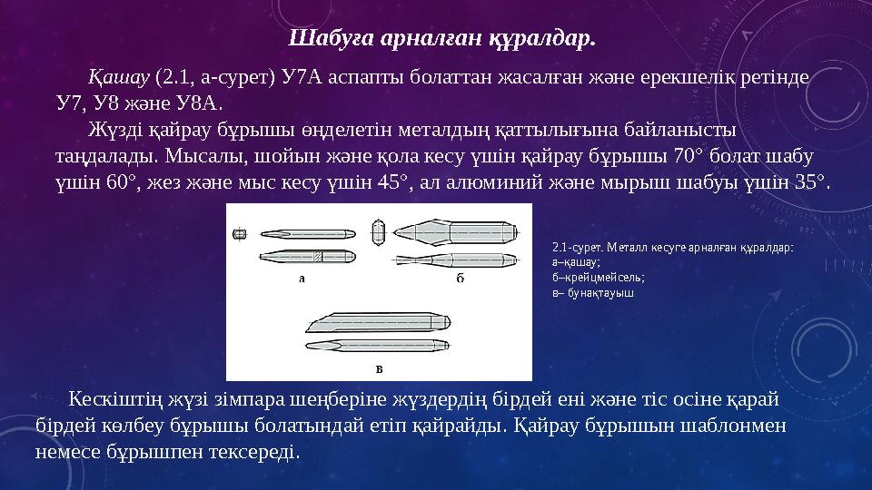 Шабуға арналған құралдар. Қашау (2.1, а-сурет) У7А аспапты болаттан жасалған және ерекшелік ретінде У7, У8 және У8А. Жүзді қ
