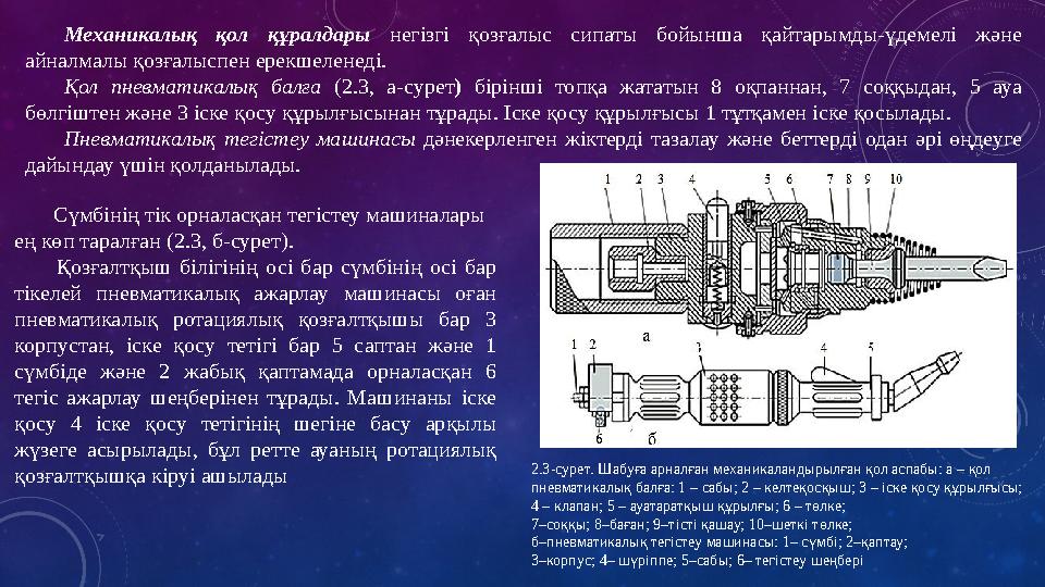 Механикалық қол құралдары негізгі қозғалыс сипаты бойынша қайтарымды-үдемелі және айналмалы қозғалыспен ерекшеленеді.