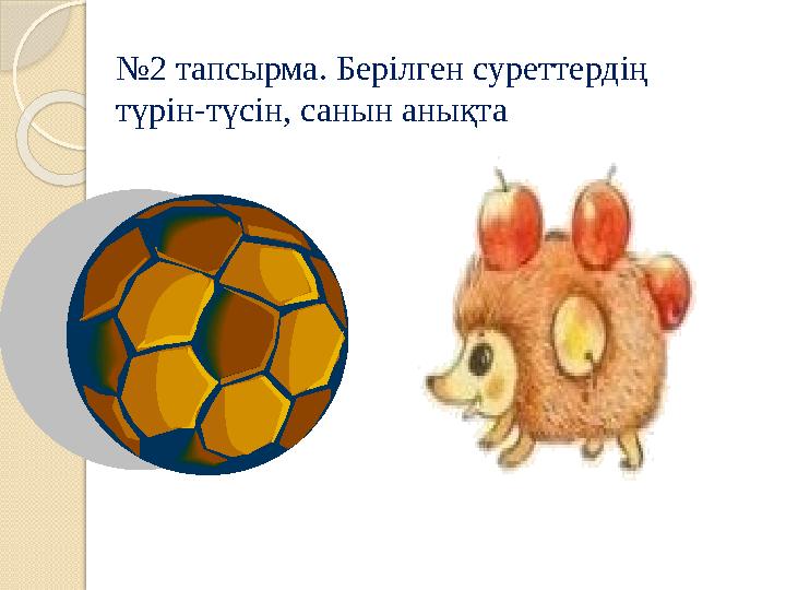 № 2 тапсырма. Берілген суреттердің түрін-түсін, санын анықта