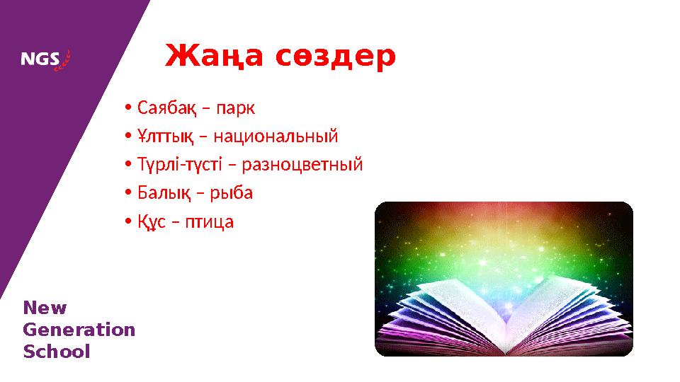 New Generation School • Саябақ – парк • Ұлттық – национальный • Түрлі - түсті – разноцветный • Балы қ – рыба • Құс – птиц