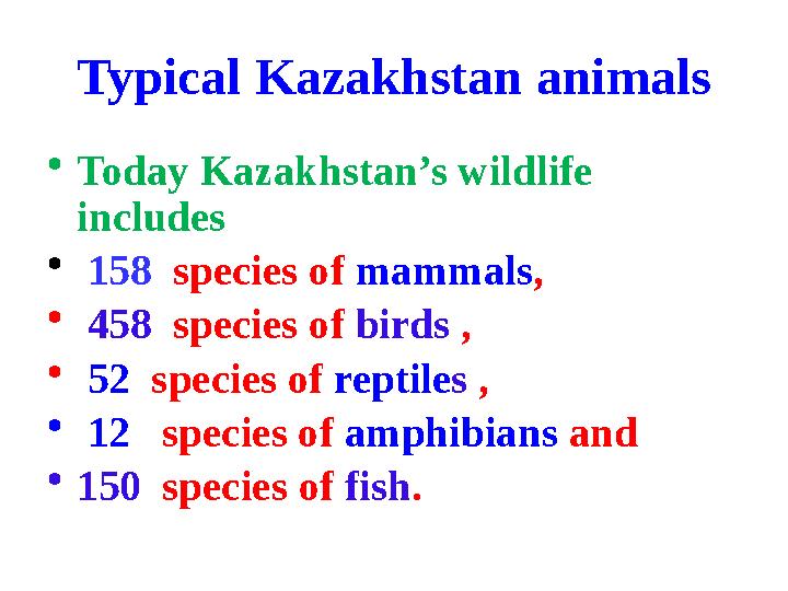 Typical Kazakhstan animals • Today Kazakhstan’s wildlife includes • 158 species of mammals , • 458 species of birds