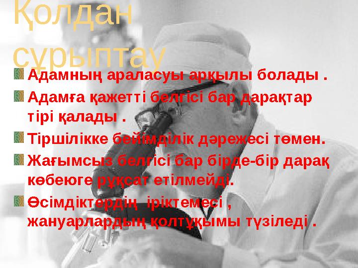 Қолдан сұрыптау Адамның араласуы арқылы болады . Адамға қажетті белгісі бар дарақтар тірі қалады . Тіршілікке бейімділік дә