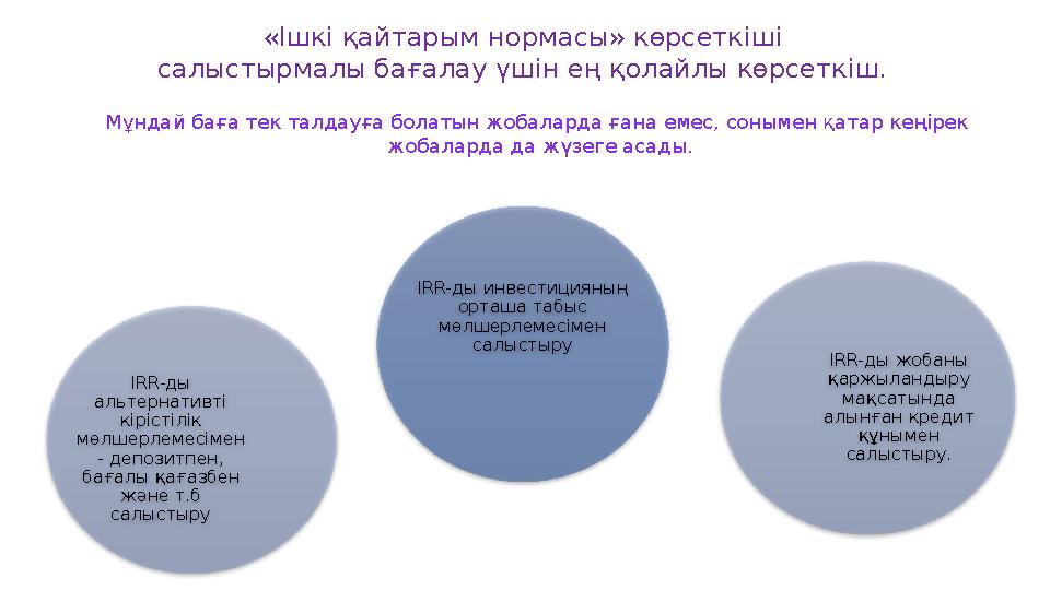 «Ішкі қайтарым нормасы» көрсеткіші салыстырмалы бағалау үшін ең қолайлы көрсеткіш. Мұндай баға тек талдауға болатын жобаларда ға