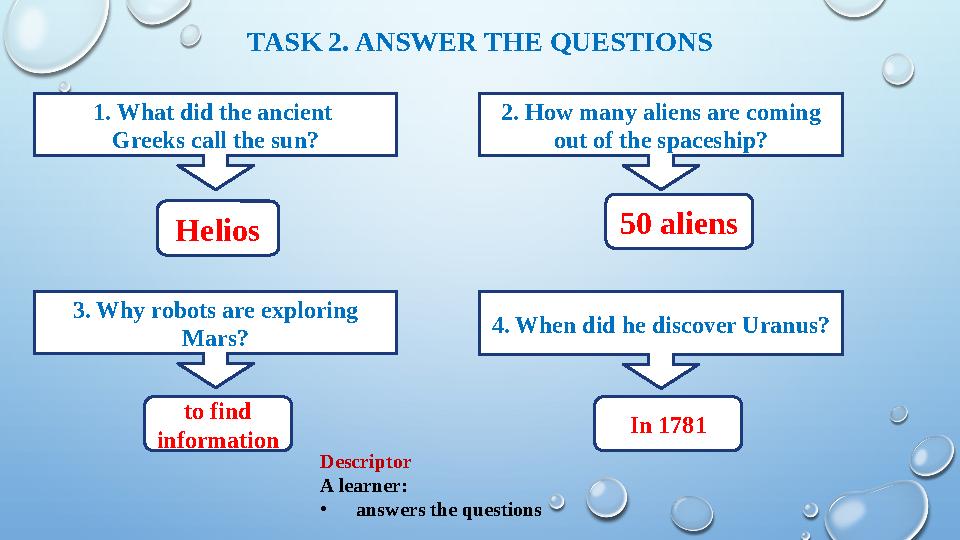 TASK 2. ANSWER THE QUESTIONS 1. What did the ancient Greeks call the sun? Helios 2. How many aliens are coming out of the spac