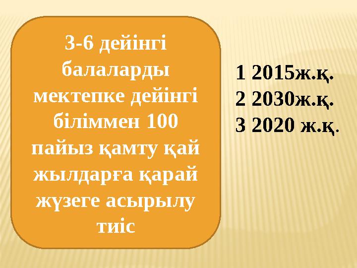 3-6 дейінгі балаларды мектепке дейінгі біліммен 100 пайыз қамту қай жылдарға қарай жүзеге асырылу тиіс 1 2015ж.қ. 2 2030ж