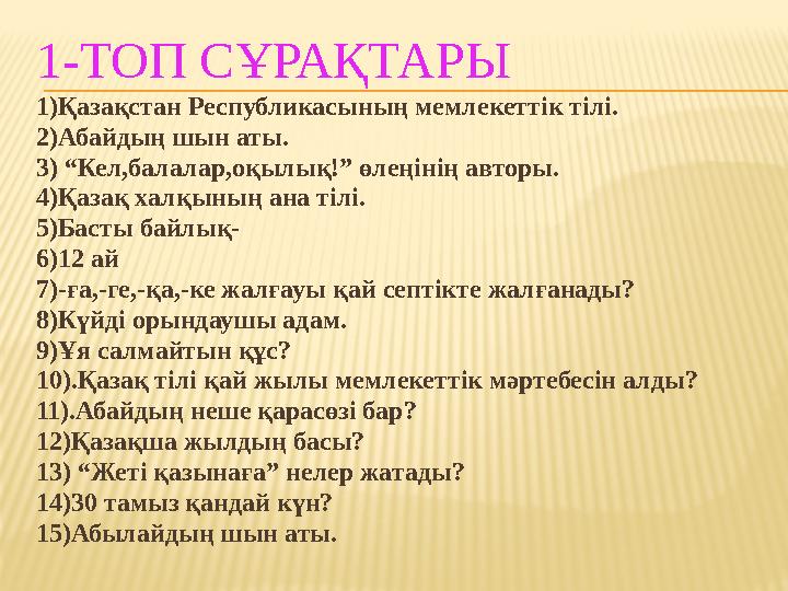 1-ТОП С ҰРАҚТАРЫ 1)Қазақстан Республикасының мемлекеттік тілі. 2)Абайдың шын аты. 3) “Кел,балалар,оқылық!” өлеңінің авторы. 4)Қа