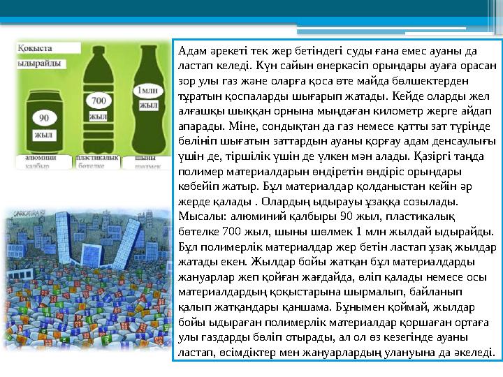 Адам әрекеті тек жер бетіндегі суды ғана емес ауаны да ластап келеді. Күн сайын өнеркәсіп орындары ауаға орасан зор улы газ жә