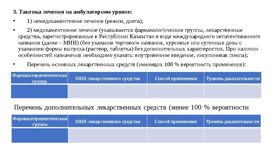 3. Тактика лечения на амбулаторном уровне: • 1) немедикаментозное лечение (режим, диета); • 2) медикаментозное л