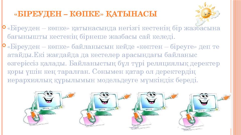 «БІРЕУДЕН – КӨПКЕ» ҚАТЫНАСЫ  «Біреуден – көпке» қатынасында негізгі кестенің бір жазбасына бағынышты кестенің бірнеше жазбасы