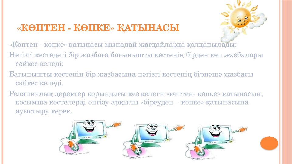 «КӨПТЕН - КӨПКЕ» ҚАТЫНАСЫ «Көптен - көпке» қатынасы мынадай жағдайларда қолданылады: Негізгі кестедегі бір жазбаға бағынышты кес