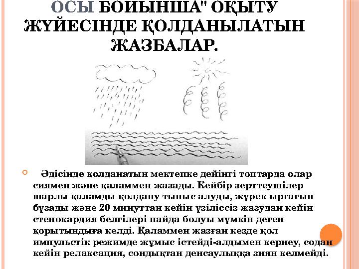 ОСЫ БОЙЫНША" ОҚЫТУ ЖҮЙЕСІНДЕ ҚОЛДАНЫЛАТЫН ЖАЗБАЛАР.  Әдісінде қолданатын мектепке дейінгі топтарда олар сиямен және қал