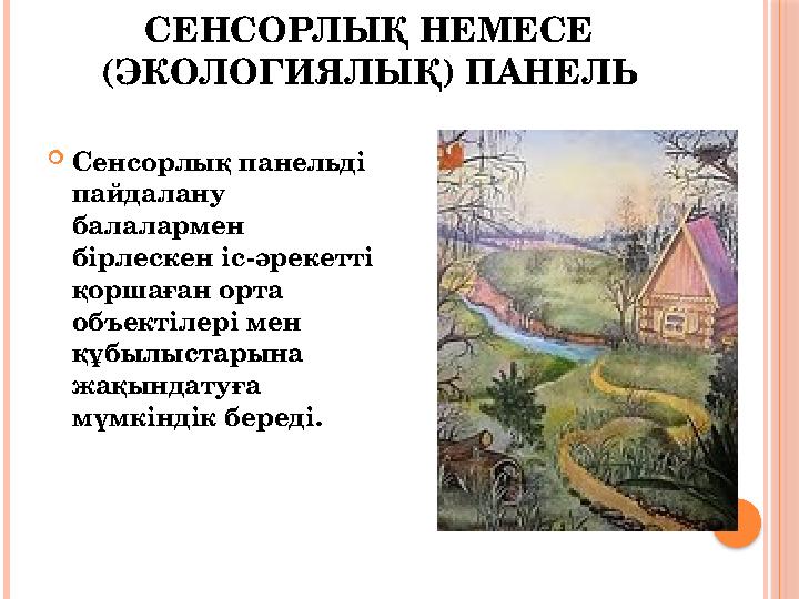 СЕНСОРЛЫҚ НЕМЕСЕ (ЭКОЛОГИЯЛЫҚ) ПАНЕЛЬ  Сенсорлық панельді пайдалану балалармен бірлескен іс-әрекетті қоршаған орта объект