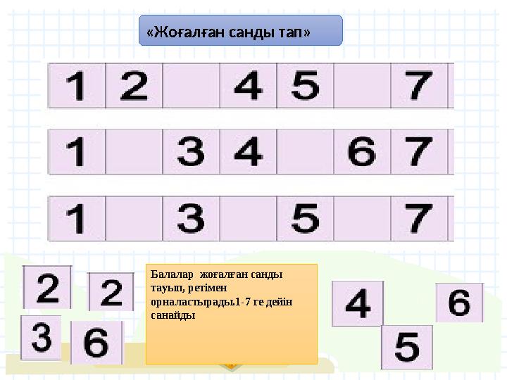 Балалар жоғалған санды тауып, ретімен орналастырады.1-7 ге дейін санайды«Жоғалған санды тап»